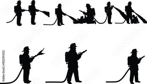 Firefighters using water hose to extinguish fire, emergency rescue service, fire control operation, professional safety illustration, firefighter teamwork concept art