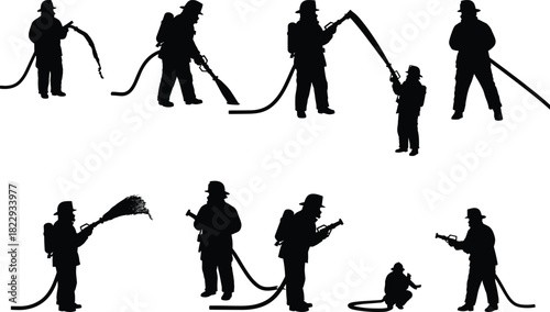 Firefighters with hose spraying water, fire rescue teamwork, emergency response illustration, professional safety operation, firefighter training and protection concept art