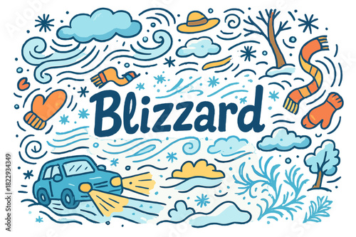 Whimsical Winter Storm. Blizzard. Hand-drawn doodle illustration of blizzard. Swirling snow, strong wind, snow