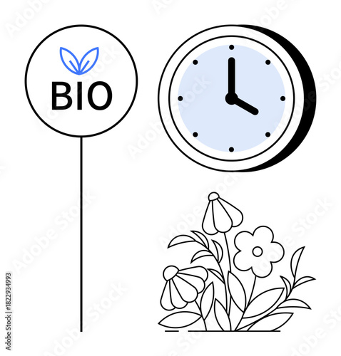 Bio label with leaf icon, clock indicating time, blooming flowers represent eco-friendliness, growth, time management. Ideal for sustainability, natural products, ecology, environment wellness