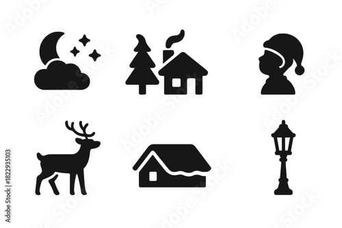 Winter Night Icons. Winter night. Filled icon set of winter night: moon with clouds, stars, house with smoke,