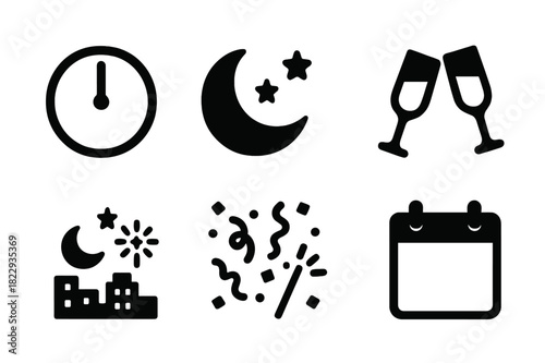 Midnight Celebration Icons. Midnight moments. Filled icon set of midnight moments: clock striking twelve, moon