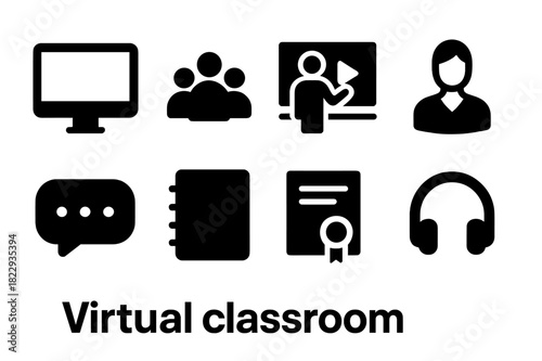 Virtual Classroom Icons. Virtual Classroom. Filled icon set of Virtual Classroom: computer, students, video