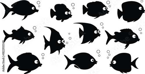 Fish silhouettes, cartoon fish, aquatic animals, underwater illustration, marine life, ocean creatures, swimming fish, aquatic design, biology study, educational reference