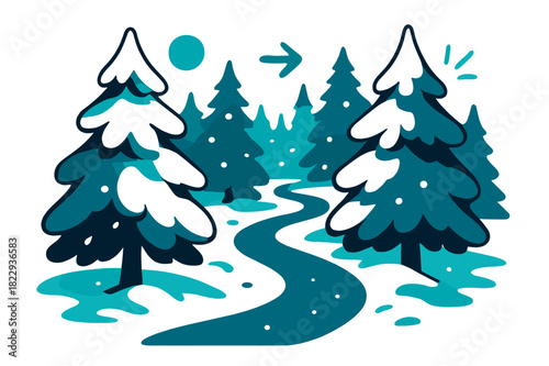 Whimsical Winter Wonderland. Quiet forest. Snow-covered fir trees along a winding path, soft shadows and