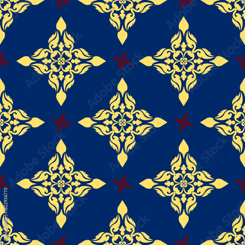 Classic Damask gold and red color Seamless Pattern on a blue color background.	