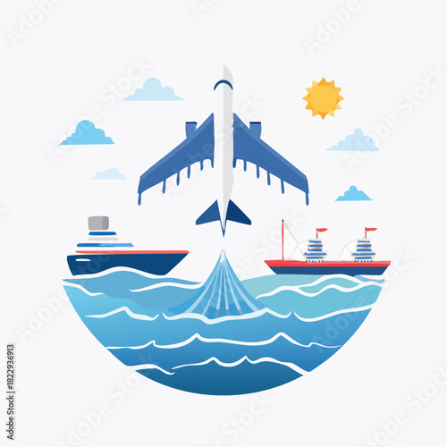 Air travel over water with ships and sun.