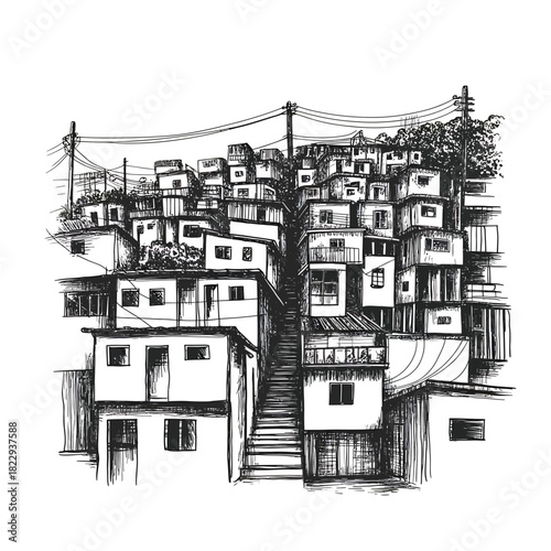 Sketch of a densely populated hillside favela with stairs and power lines