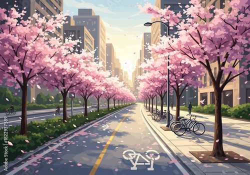 Cherry Blossom City Bicycle Lane Vector – Spring Sakura Trees Along Urban Cycling Road At Sunset