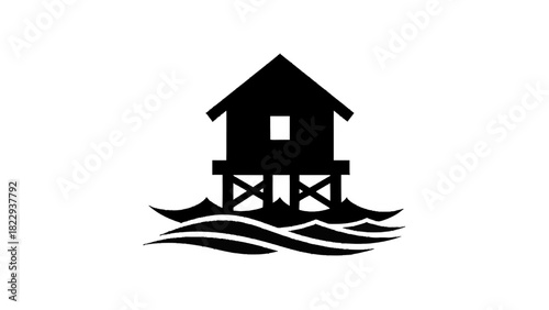 Vector illustration of black silhouette icon of a stilt house or hut standing on posts above wavy water, isolated on transparent background
