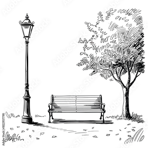 Black and white sketch of a park bench under a tree with a lamppost