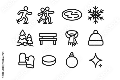 Festive Lake Icon Set. Festive Frozen Lake. Line outline icon set of Festive Frozen Lake: ice skater, pair