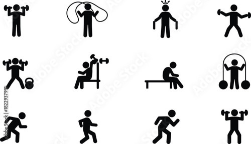 Fitness workout icon set, gym exercise pictogram, bodybuilding training illustration, running and weightlifting silhouette, health and wellness symbol collection