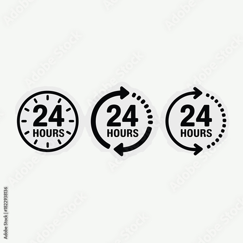 Set of three 24 hour service icons with arrows and clock faces