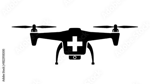 Vector illustration of black silhouette icon of a medical drone with a white cross symbol, isolated on transparent background