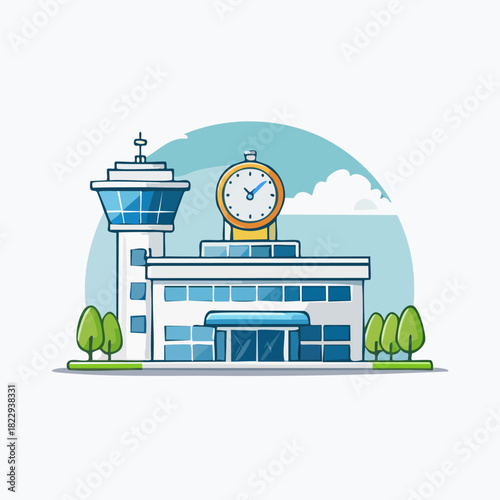 Airport Building with Clock Tower and Control Tower.