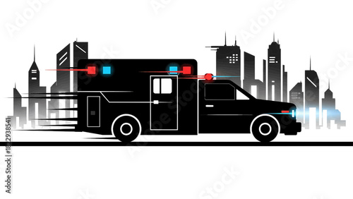 Vector illustration of fast moving black ambulance emergency vehicle with flashing light against city skyline silhouette isolated on transparent background