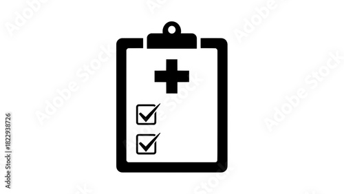 Vector illustration of black and white icon of a medical clipboard with a cross symbol and two checked boxes, isolated on transparent background