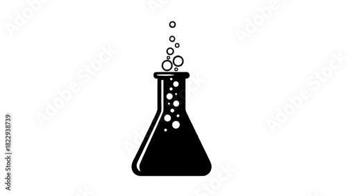 Vector illustration of black and white icon of a bubbling erlenmeyer flask, isolated on transparent background
