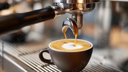 Espresso machine brewing fresh cappuccino with steaming milk in coffee shop