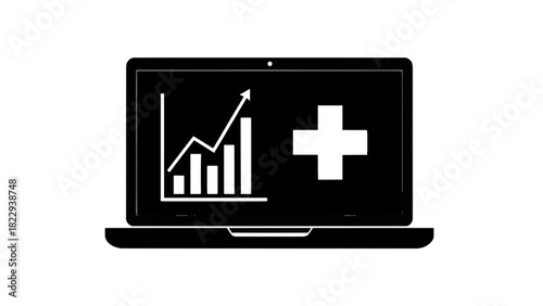 Vector illustration of black and white icon of a laptop displaying a rising bar chart and a medical cross, isolated on transparent background