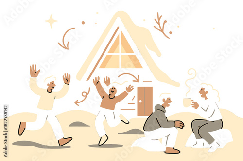 Cozy A-Frame Retreat. Evening retreat. Warmly lit A-frame cabin with snow on the roof, tall pine trees