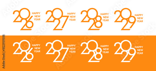 2026 - 2027 - 2028 - 2029 orange number logo, New Year card design set