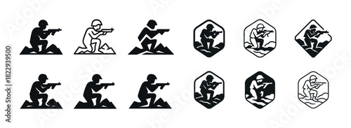 Silhouettes of soldiers in combat stances with different icon variations