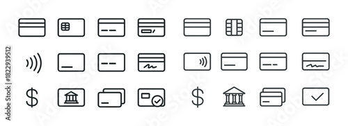 Credit and debit card icons with contactless and banking symbols