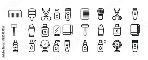 Icon set: grooming tools including razors, combs, scissors, mirrors for self-care