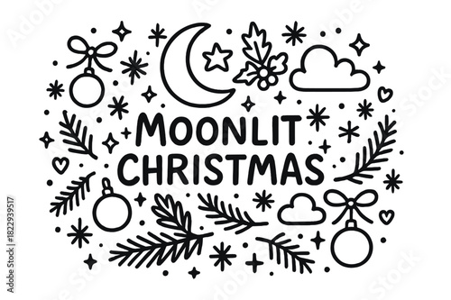Moonlit Christmas Doodle. Moonlit Christmas. Hand-drawn doodle illustration of moonlit Christmas. Crescent