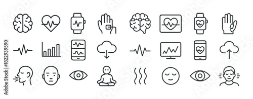 Set of health and wellness icons including brain, heart, meditation, and monitoring devices