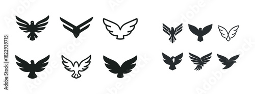 Collection of black and white bird and wing icons in various styles