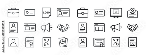 Business icons set: briefcase, id, megaphone, handshake, certificate, strategy