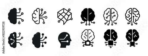 Set of modern brain circuit icons for ai and technology concepts
