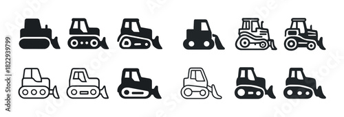 Set of bulldozer and tractor icons in black and white variations