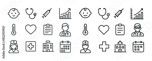 Healthcare icons set: medical, hospital, doctor, nurse, equipment