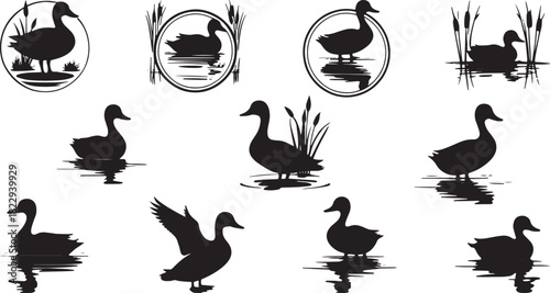 Duck silhouette vector set with pond reflections, reeds, flying ducks, waterfowl shapes and round frames