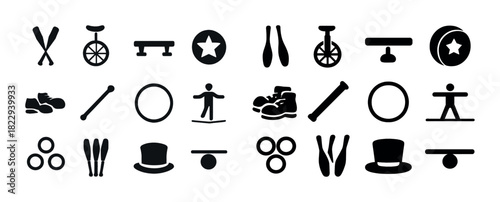 Circus skills equipment: juggling, unicycle, balance boards, hats, clubs, hoops