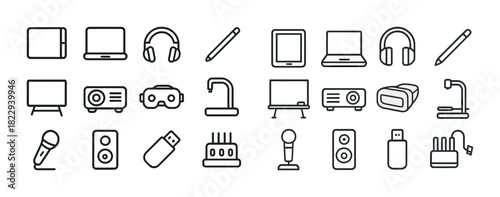 Set of electronic device icons including laptop, headphones, projector, vr headset, microphone, usb drive