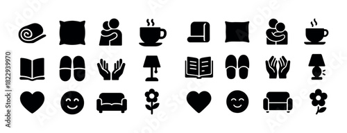 Cozy icons set featuring comfort items and relaxation symbols