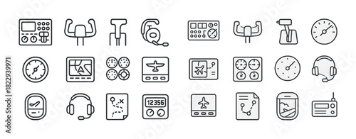Aviation instrument icons set: gauges, headsets, controls in line art for flight interface