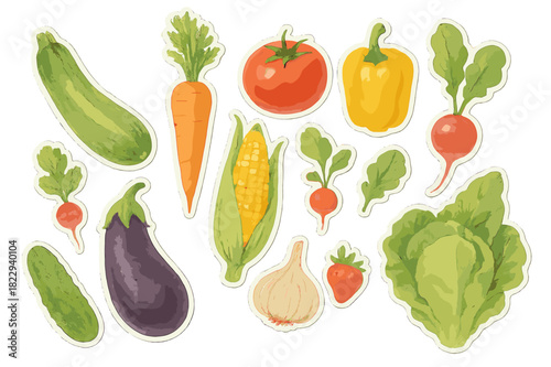 Organic Garden Stickers. Organic Garden Set. Realistic hand-painted watercolor style sticker sheet of organic