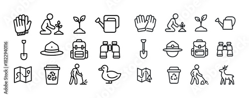 Icon set: gardening, hiking, conservation activities