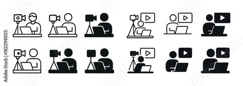 Video content creation icons set: filmmaking, editing, streaming