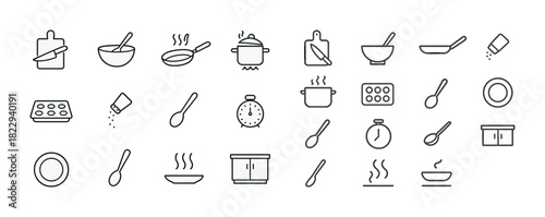 Cooking icon set: utensils, pots, timer, cutting boards, bowls, pans, plates