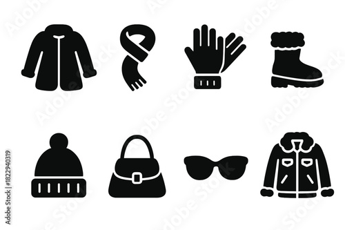 Winter Outfit Icons. Winter outfit details. Filled icon set of winter outfit details: fur coat, scarf, gloves,