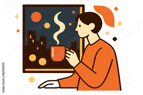 Twilight Coffee Contemplation. Evening Coffee. Minimal figure holding a steaming cup near a window as city