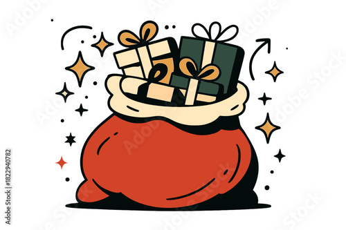 Santa's Gift Overflow. Festive sack. Santa?s bag brimming with gifts of different shapes and sizes, some