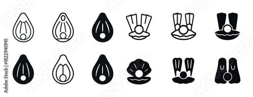 Diving gear and shell icons in black and white